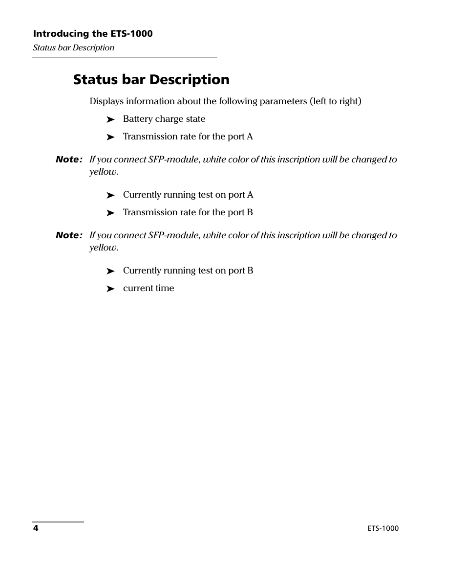 Status bar description | EXFO ETS-1000 User Manual | Page 12 / 173