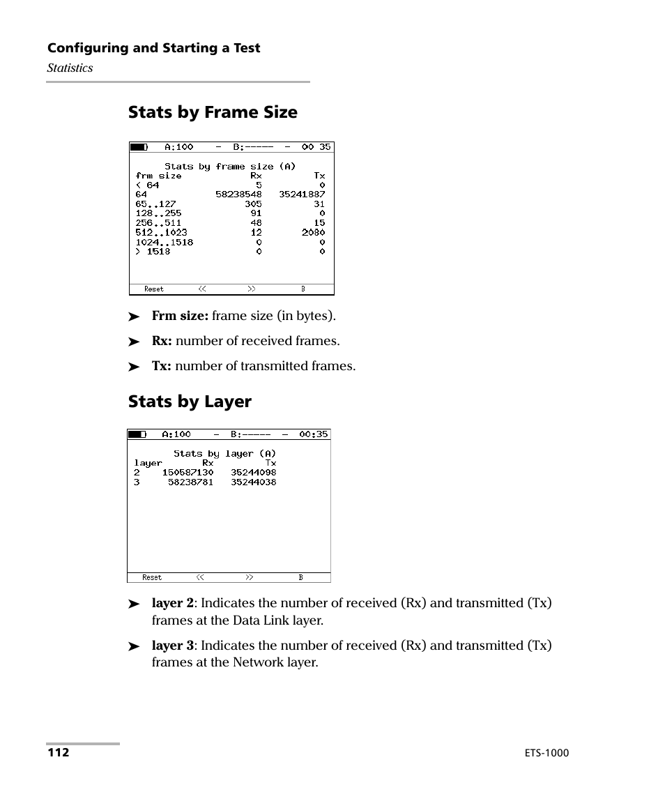 Stats by frame size, Stats by layer | EXFO ETS-1000 User Manual | Page 120 / 173