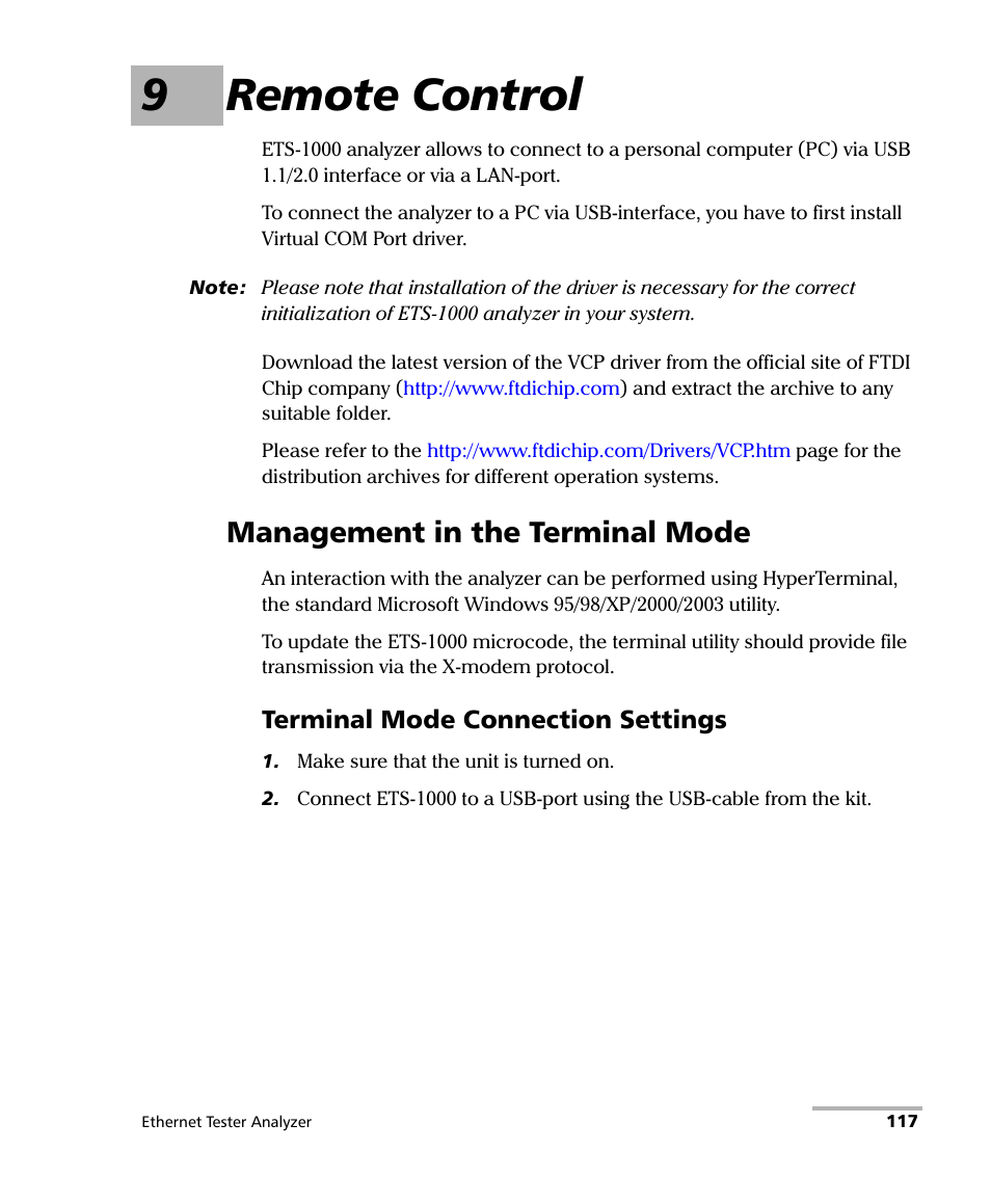 9 remote control, Management in the terminal mode, 9remote control | EXFO ETS-1000 User Manual | Page 125 / 173