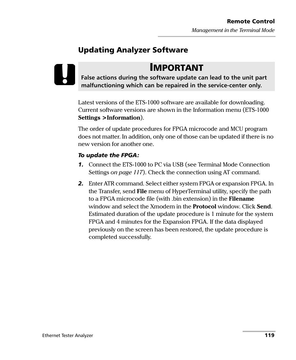 Mportant, Updating analyzer software | EXFO ETS-1000 User Manual | Page 127 / 173