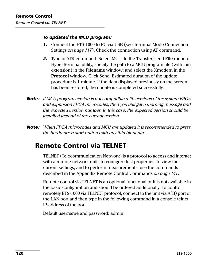 Remote control via telnet | EXFO ETS-1000 User Manual | Page 128 / 173