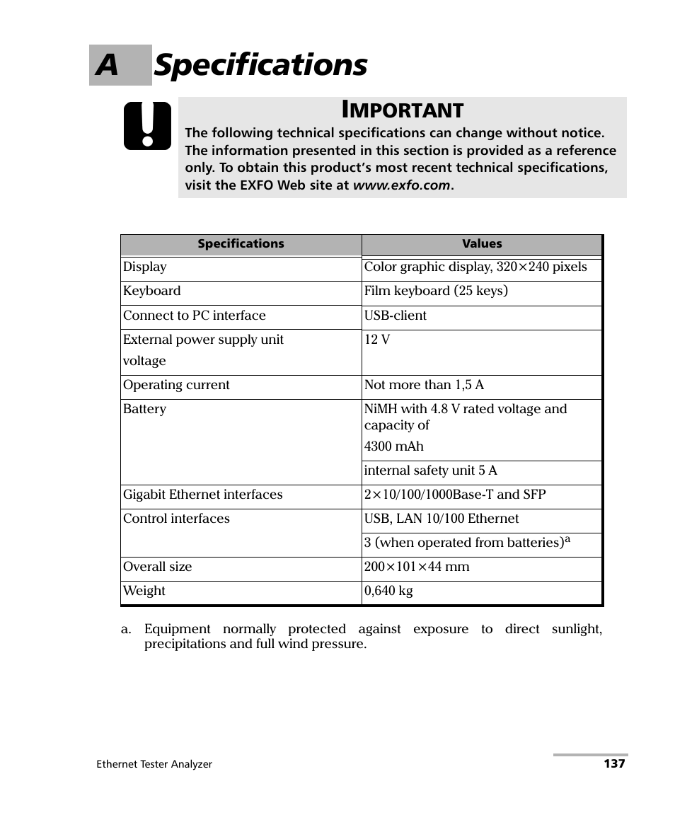 A specifications, Mportant | EXFO ETS-1000 User Manual | Page 145 / 173