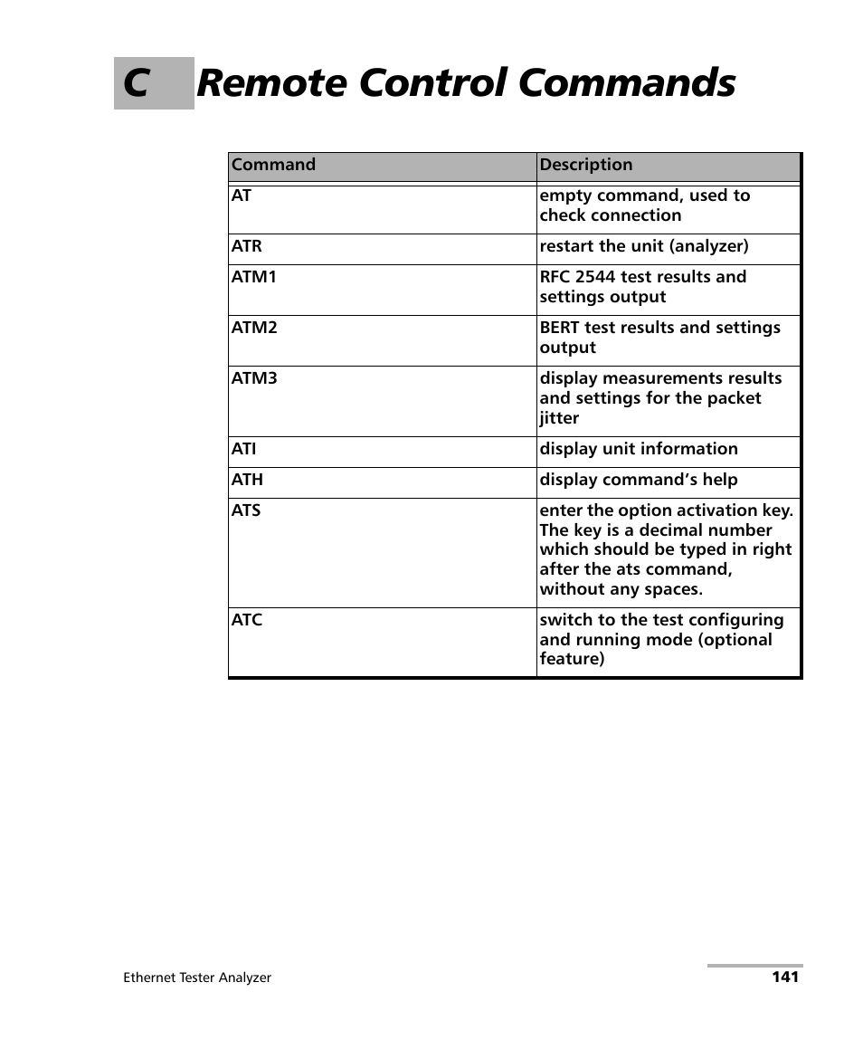 C remote control commands | EXFO ETS-1000 User Manual | Page 149 / 173