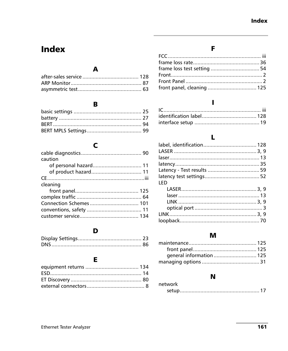 Index | EXFO ETS-1000 User Manual | Page 169 / 173