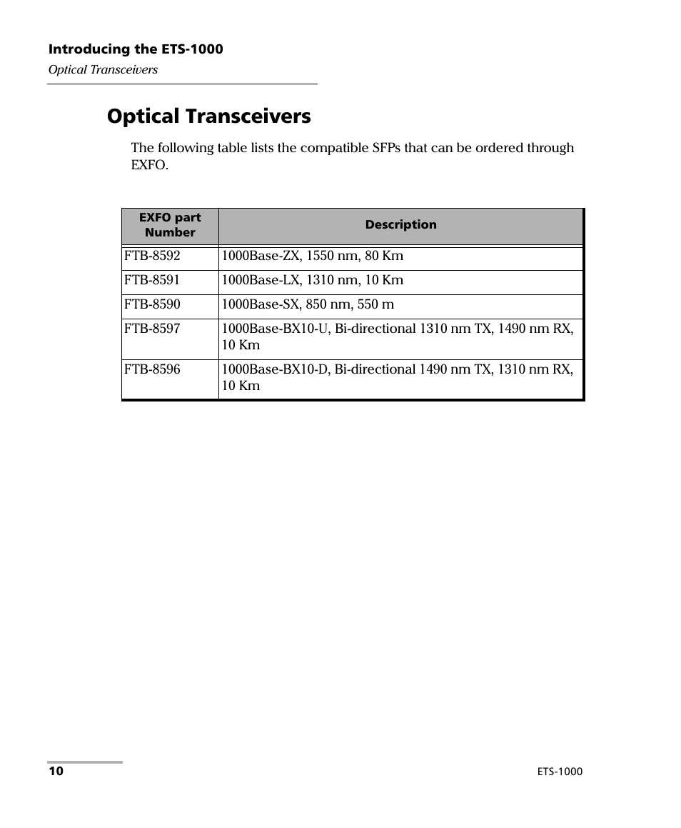 Optical transceivers | EXFO ETS-1000 User Manual | Page 18 / 173