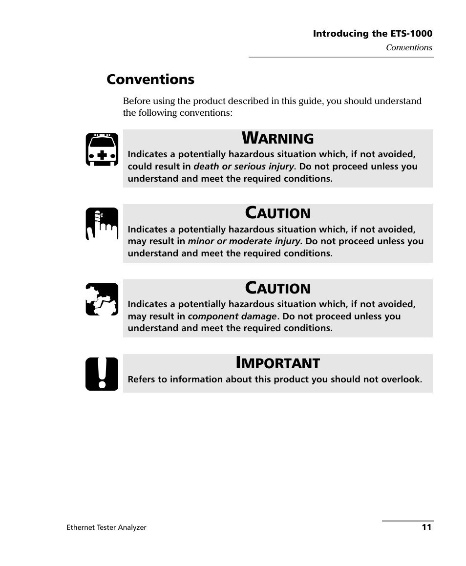 Conventions, Arning, Aution | Mportant | EXFO ETS-1000 User Manual | Page 19 / 173