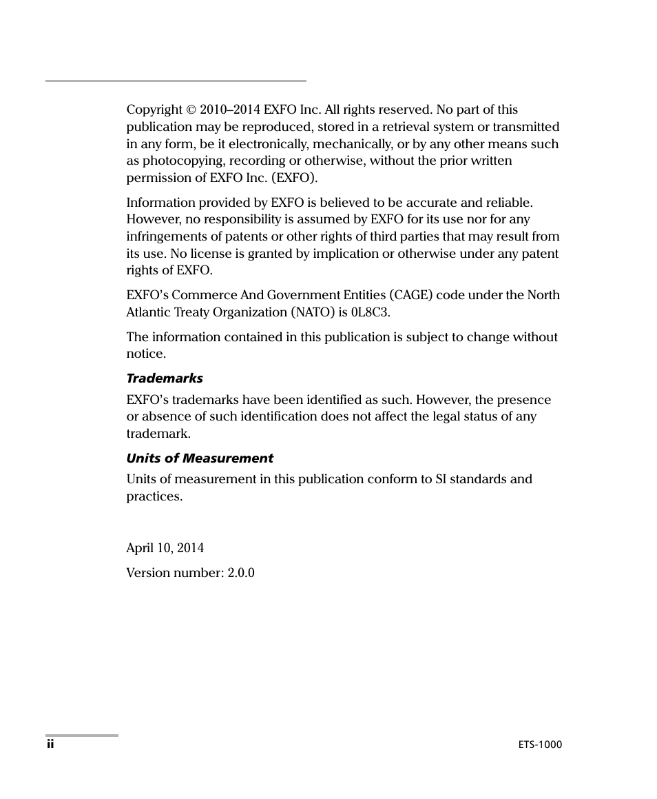 EXFO ETS-1000 User Manual | Page 2 / 173