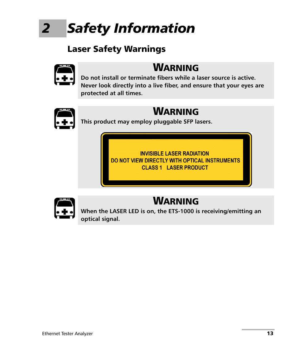 2 safety information, Laser safety warnings, 2safety information | EXFO ETS-1000 User Manual | Page 21 / 173