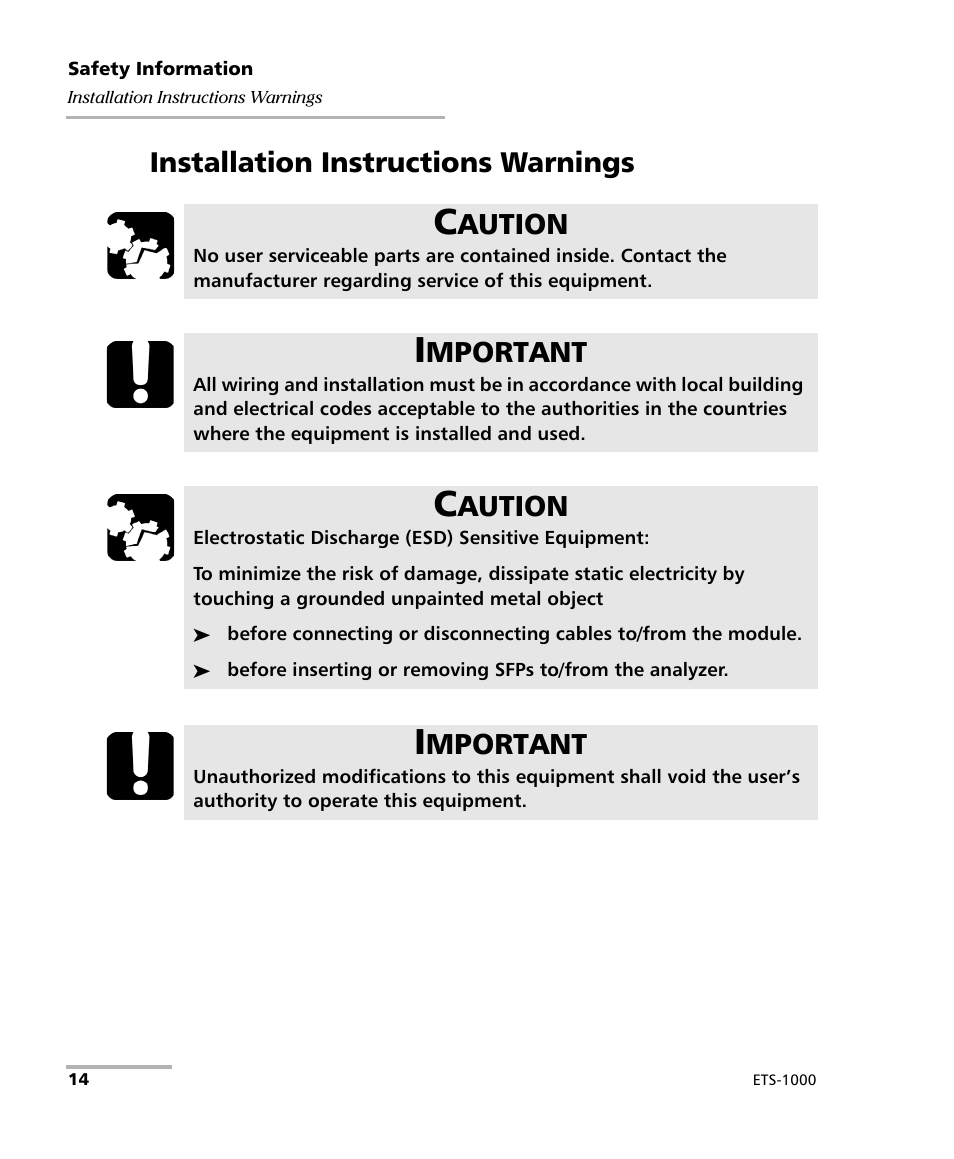 Installation instructions warnings, Aution, Mportant | EXFO ETS-1000 User Manual | Page 22 / 173