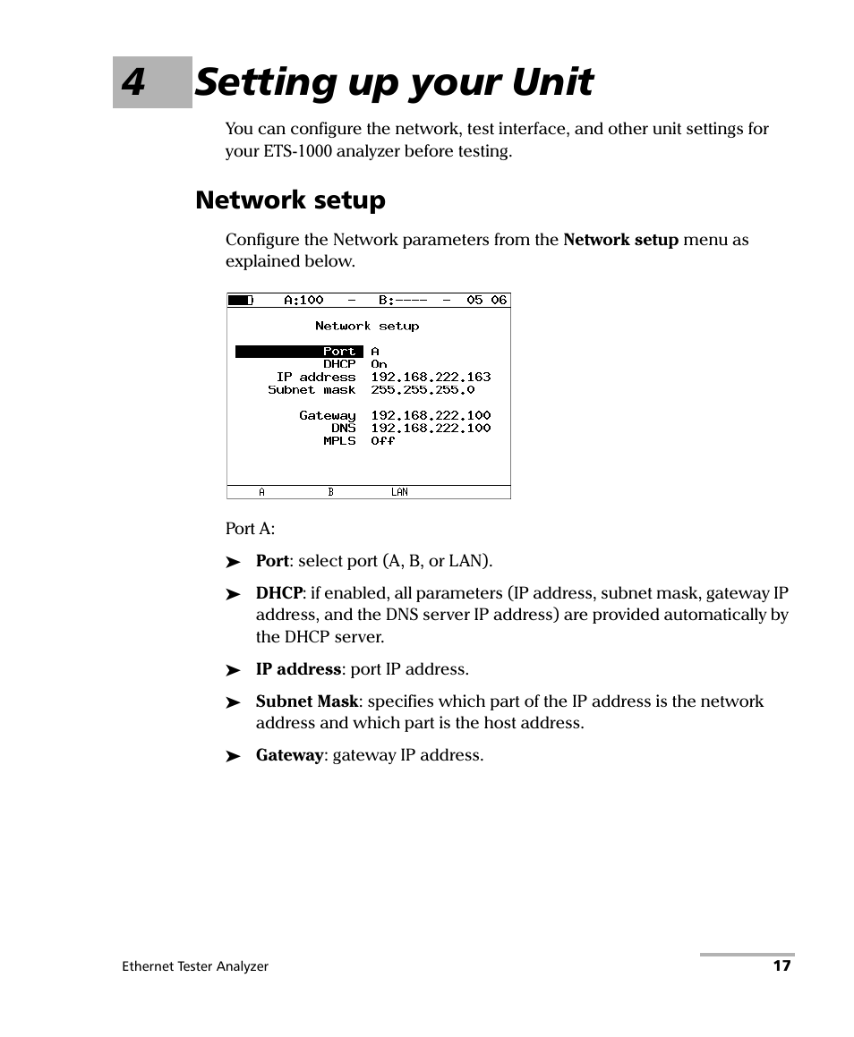 4 setting up your unit, Network setup, 4setting up your unit | EXFO ETS-1000 User Manual | Page 25 / 173