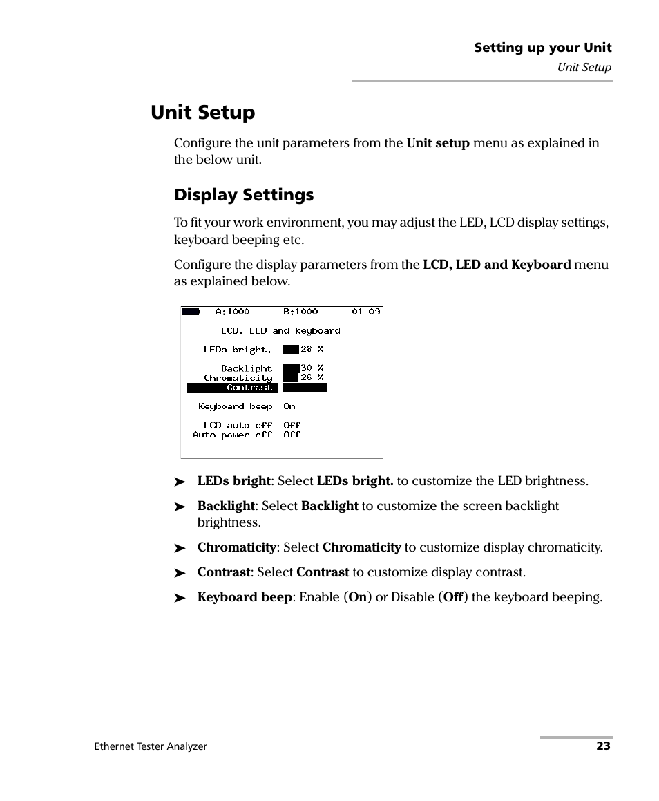 Unit setup, Display settings | EXFO ETS-1000 User Manual | Page 31 / 173