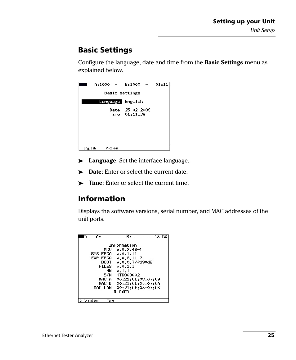 Basic settings, Information | EXFO ETS-1000 User Manual | Page 33 / 173