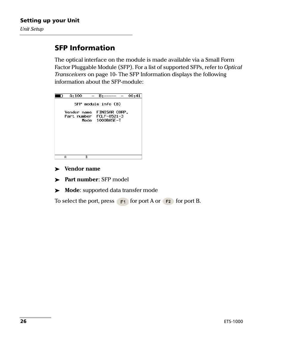 Sfp information | EXFO ETS-1000 User Manual | Page 34 / 173