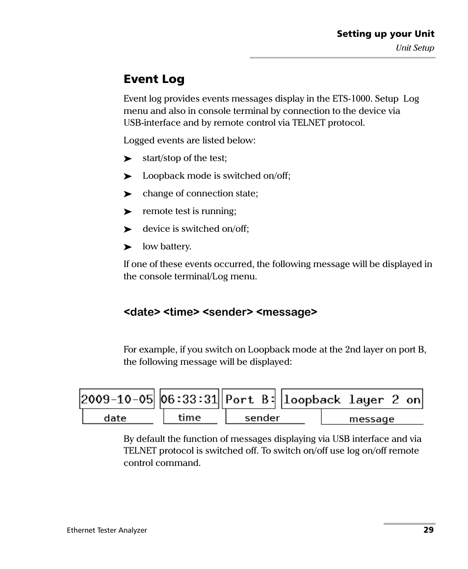 Event log, Date> <time> <sender> <message | EXFO ETS-1000 User Manual | Page 37 / 173