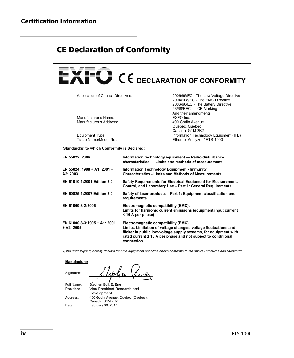 Ce declaration of conformity, Declaration of conformity, Certification information | EXFO ETS-1000 User Manual | Page 4 / 173