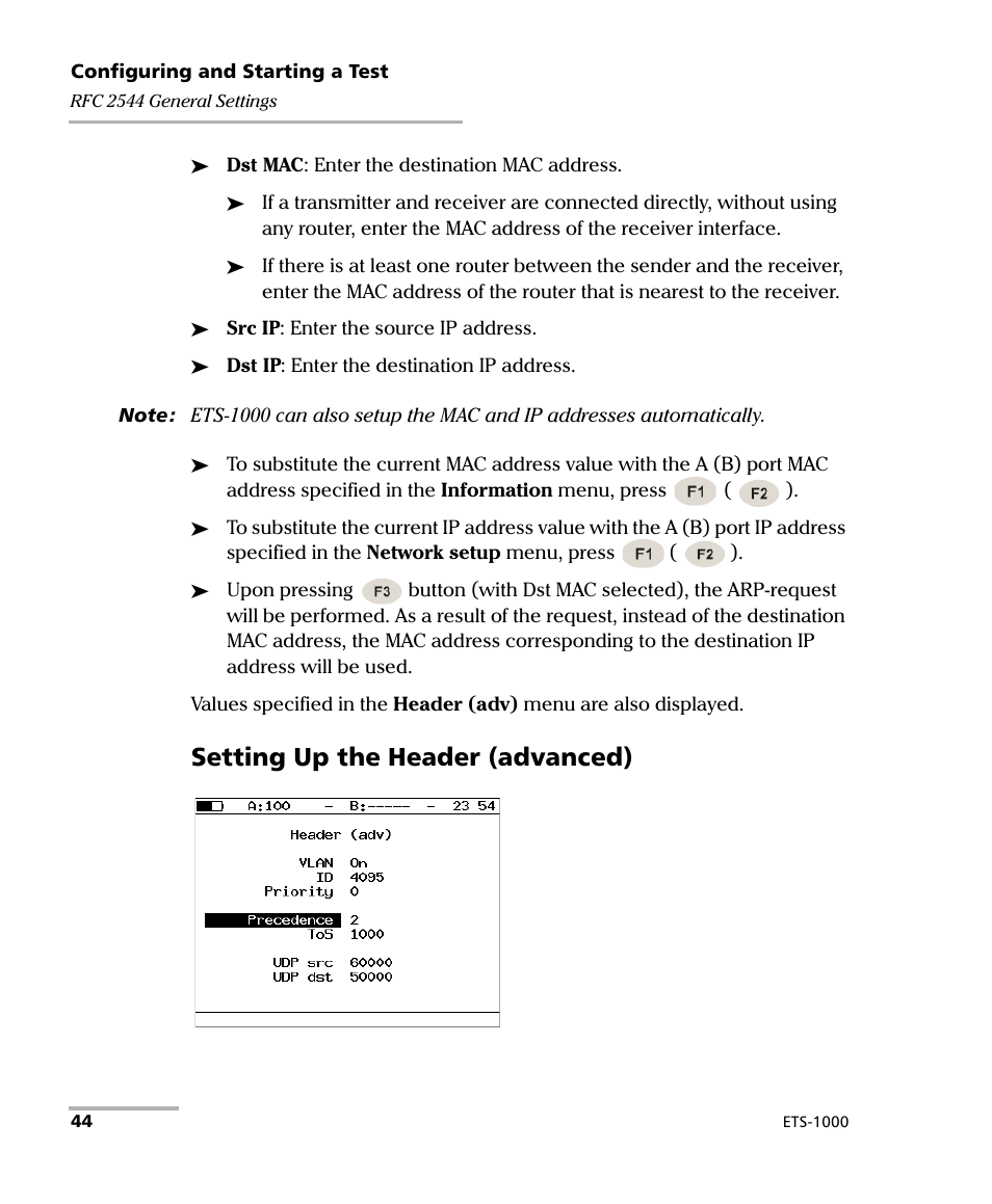Setting up the header (advanced) | EXFO ETS-1000 User Manual | Page 52 / 173