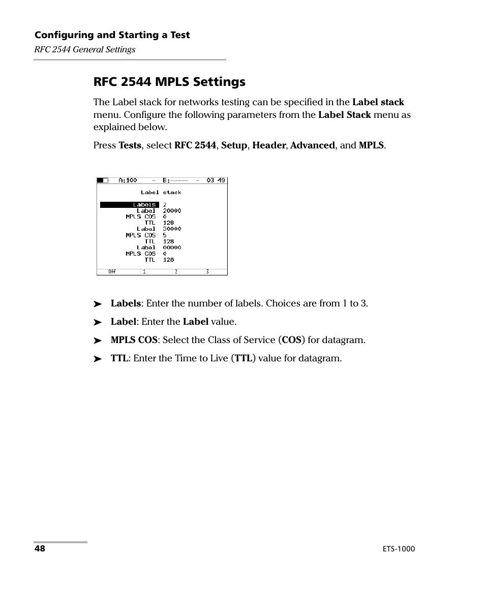 Rfc 2544 mpls settings | EXFO ETS-1000 User Manual | Page 56 / 173