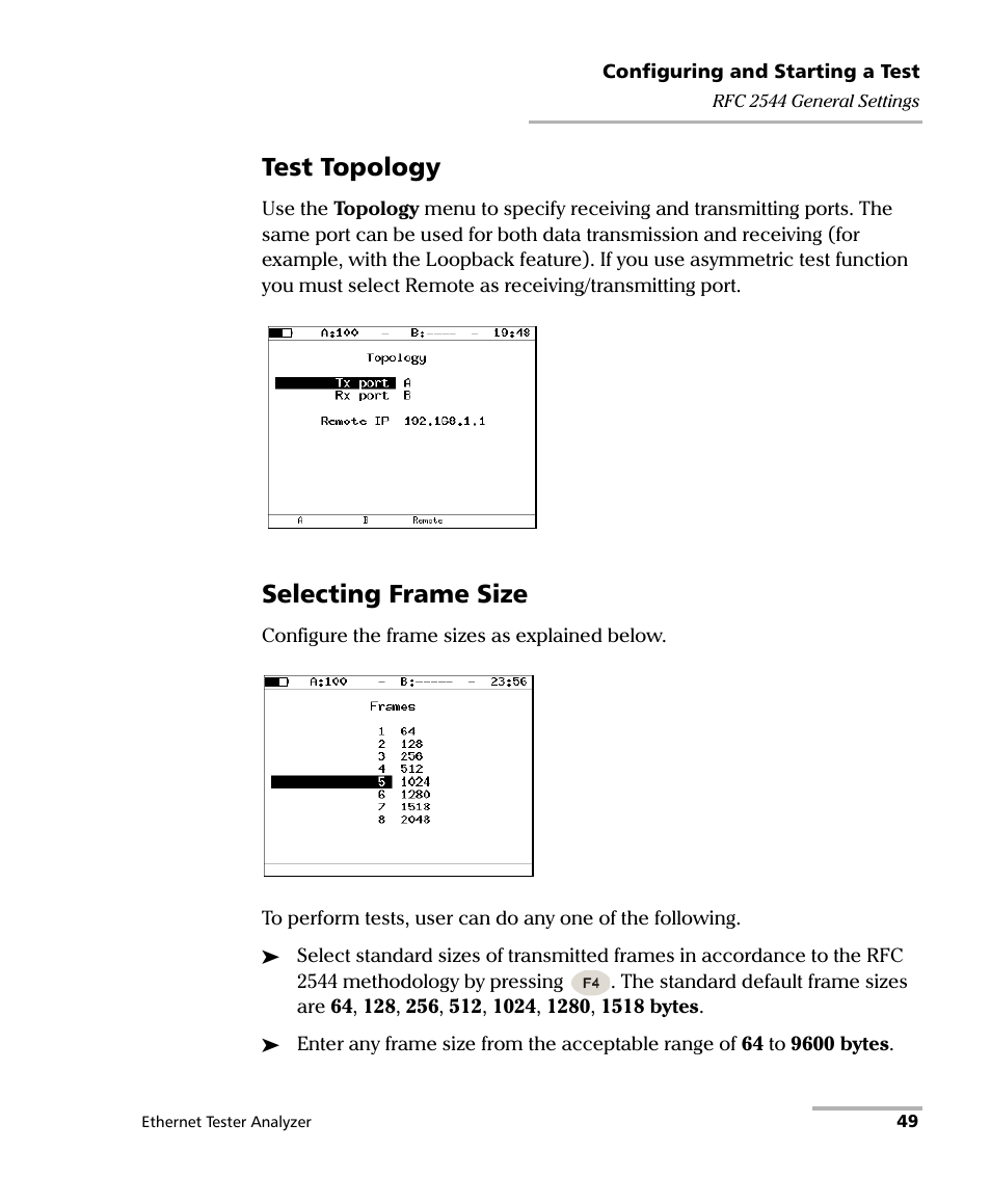 Test topology, Selecting frame size | EXFO ETS-1000 User Manual | Page 57 / 173