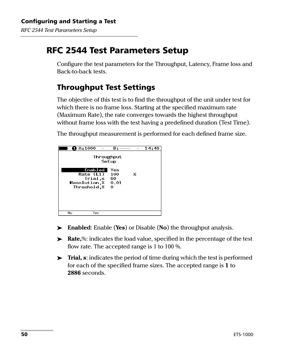 Rfc 2544 test parameters setup, Throughput test settings | EXFO ETS-1000 User Manual | Page 58 / 173