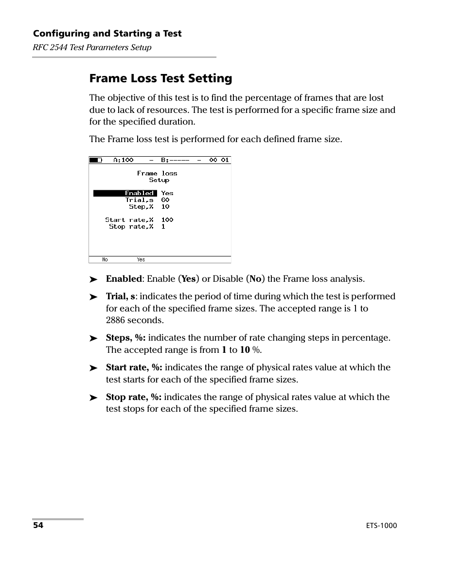 Frame loss test setting | EXFO ETS-1000 User Manual | Page 62 / 173