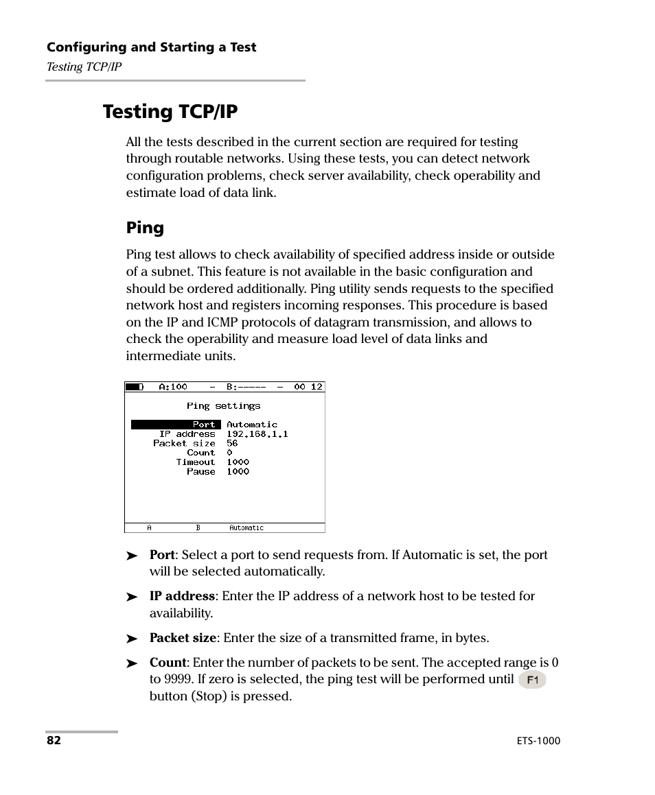 Testing tcp/ip, Ping | EXFO ETS-1000 User Manual | Page 90 / 173