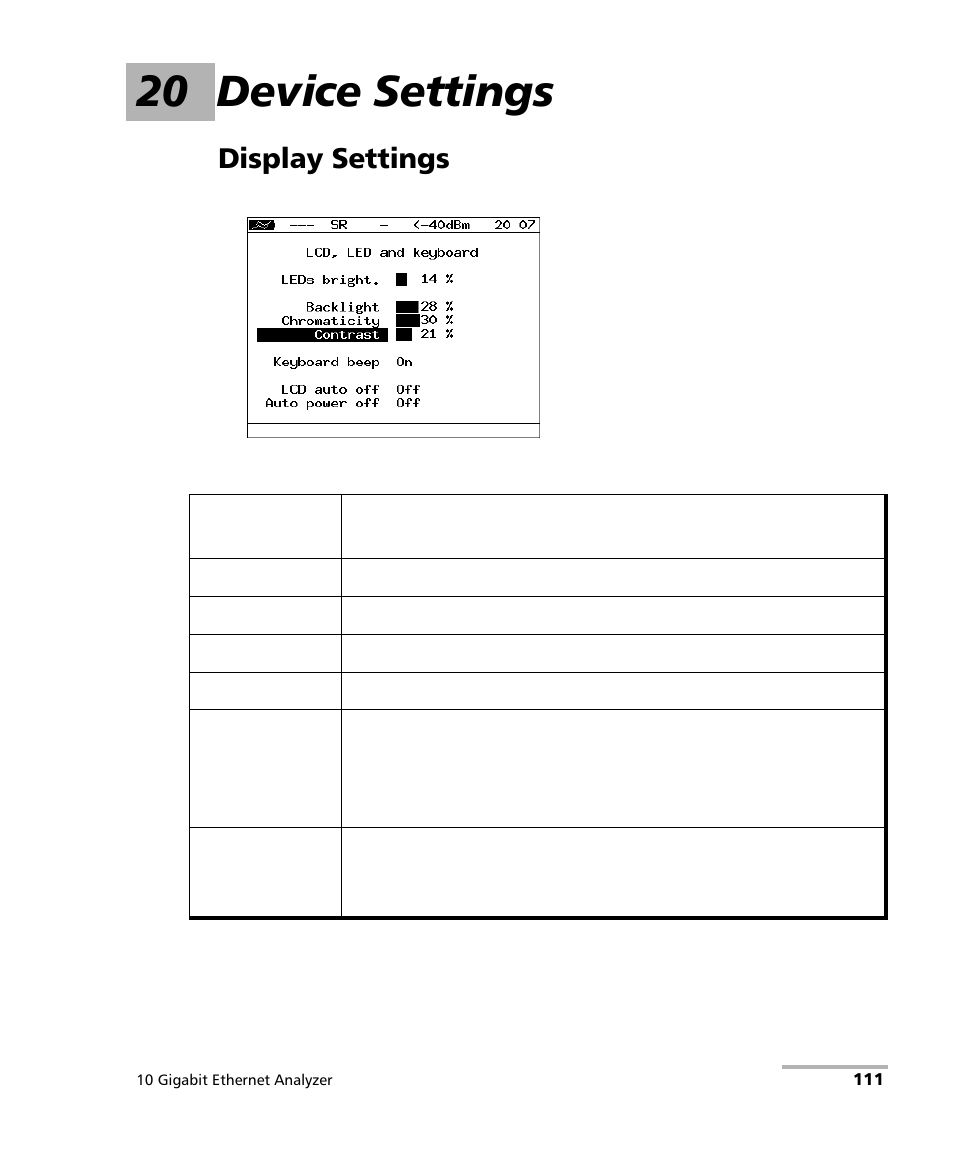 20 device settings, Display settings | EXFO ETS-1000G User Manual | Page 121 / 195