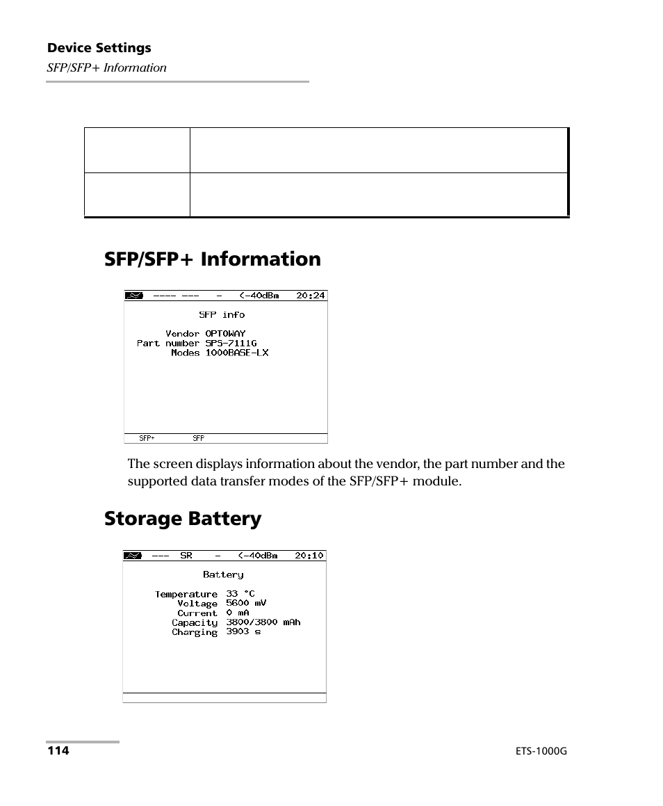 Sfp/sfp+ information, Storage battery, Sfp/sfp+ information storage battery | EXFO ETS-1000G User Manual | Page 124 / 195
