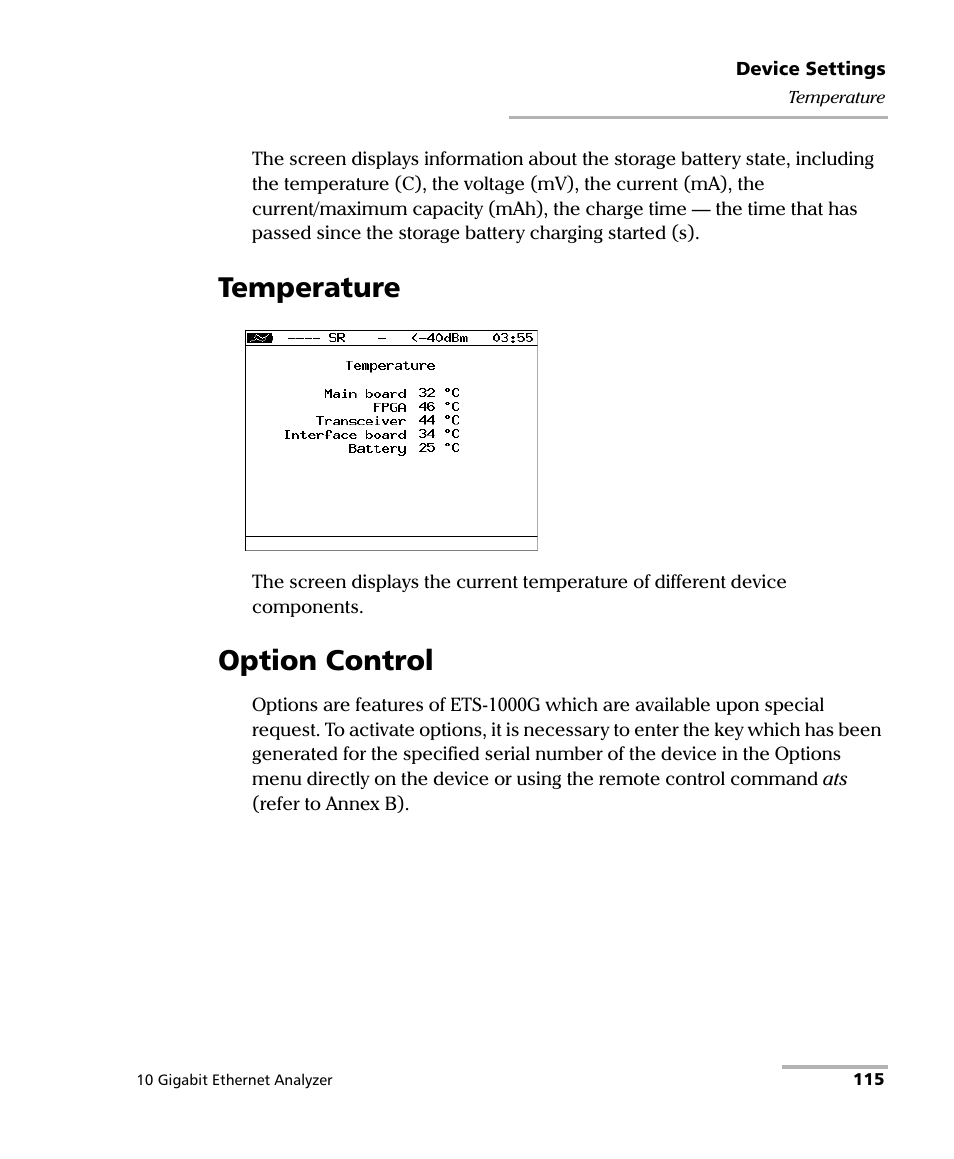 Temperature, Option control, Temperature option control | EXFO ETS-1000G User Manual | Page 125 / 195