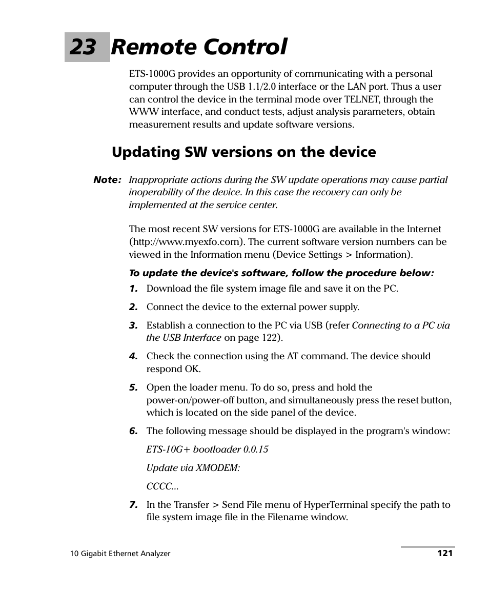 23 remote control, Updating sw versions on the device | EXFO ETS-1000G User Manual | Page 131 / 195