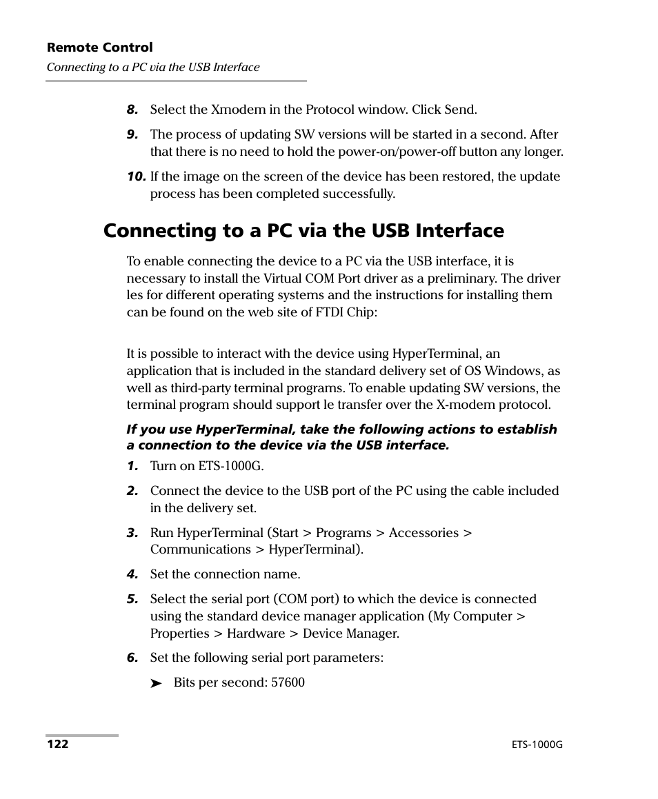 Connecting to a pc via the usb interface | EXFO ETS-1000G User Manual | Page 132 / 195