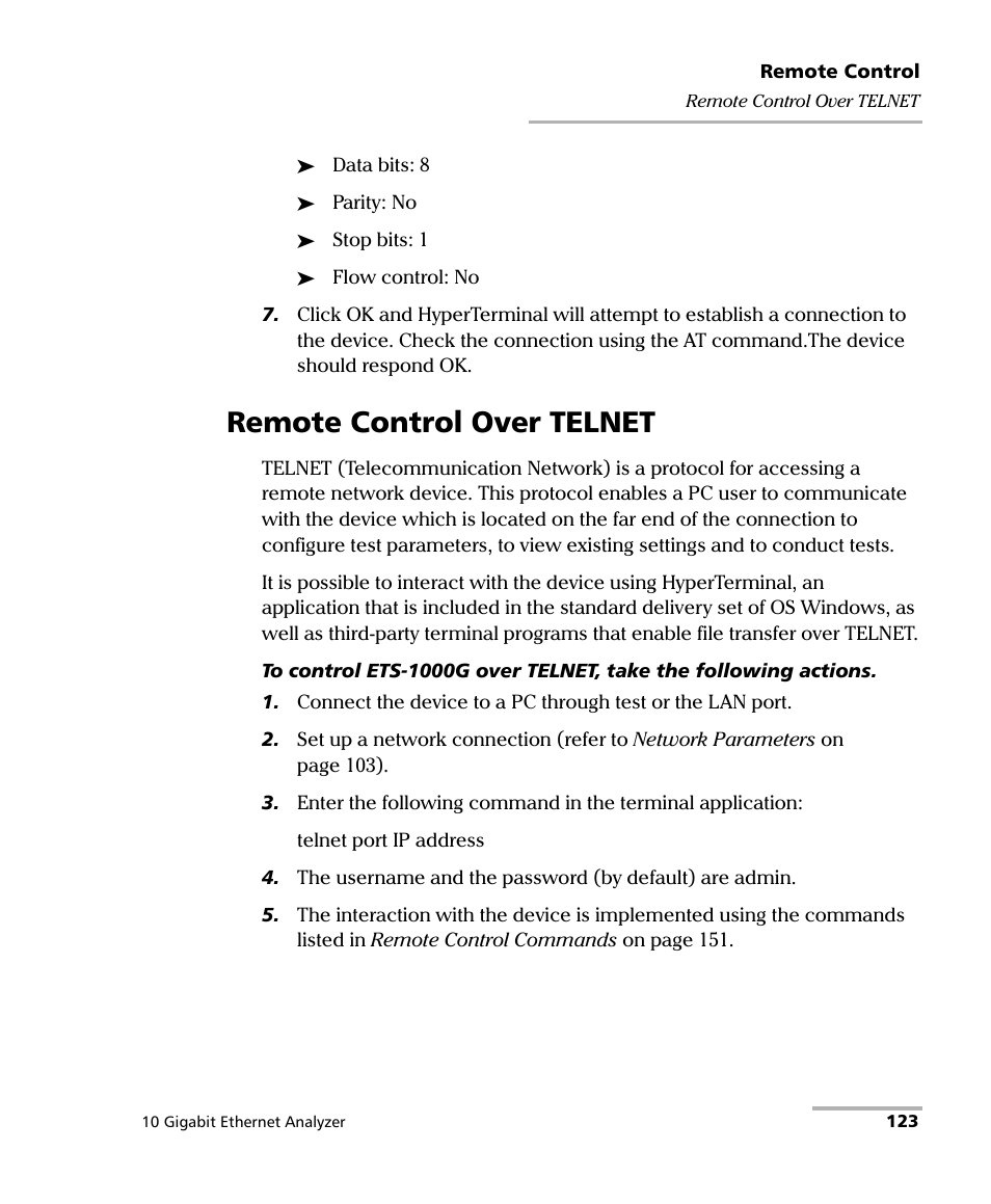 Remote control over telnet | EXFO ETS-1000G User Manual | Page 133 / 195