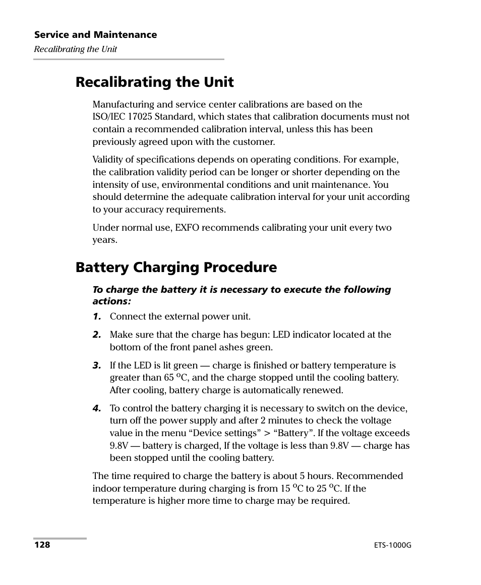 Recalibrating the unit, Battery charging procedure, Recalibrating the unit battery charging procedure | EXFO ETS-1000G User Manual | Page 138 / 195