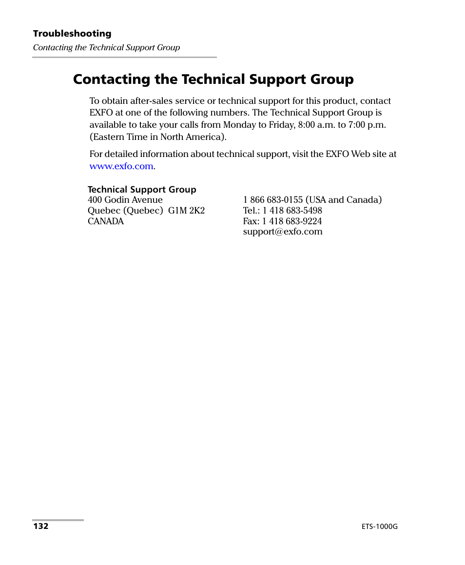 Contacting the technical support group | EXFO ETS-1000G User Manual | Page 142 / 195