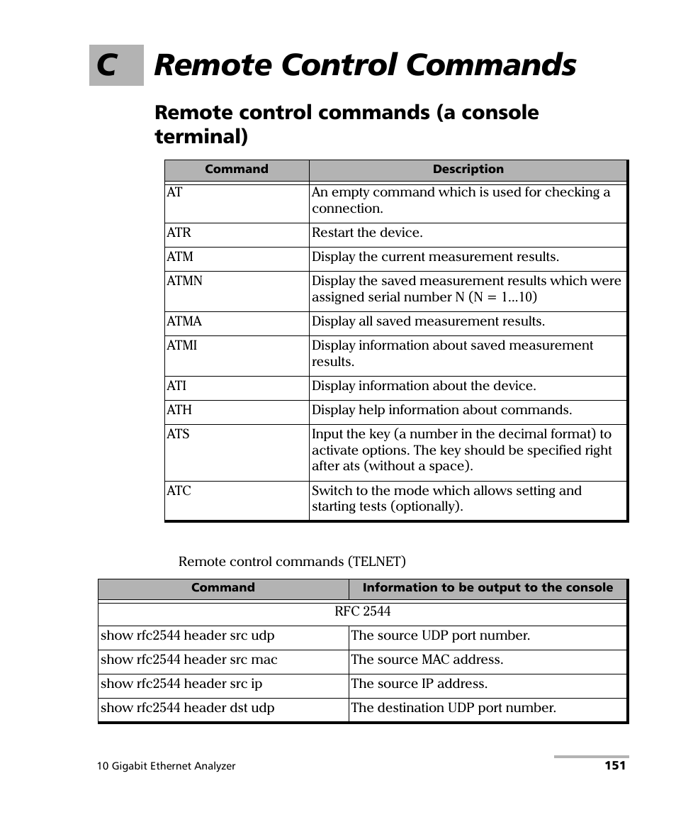 C remote control commands, Remote control commands (a console terminal) | EXFO ETS-1000G User Manual | Page 161 / 195