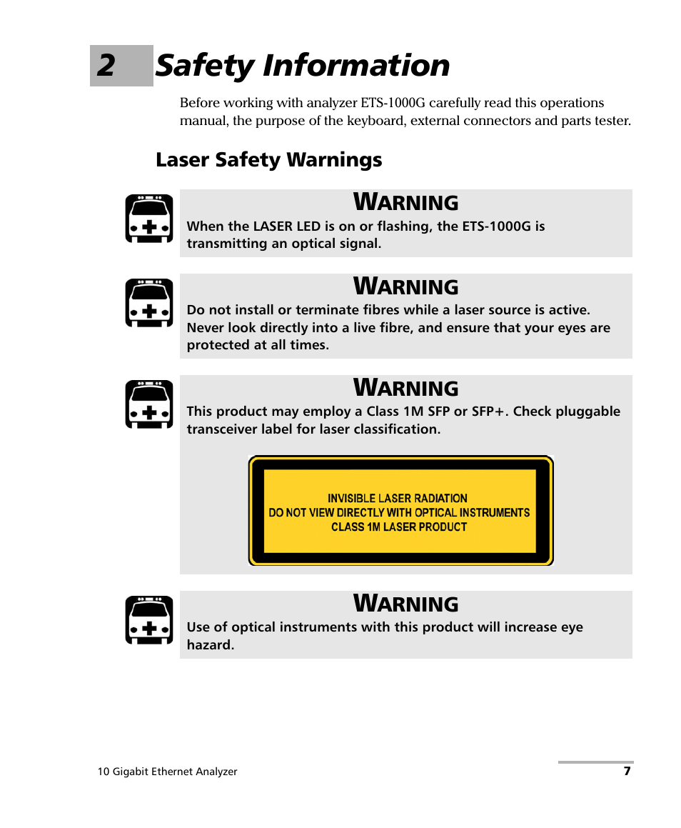 2 safety information, Laser safety warnings, 2safety information | EXFO ETS-1000G User Manual | Page 17 / 195