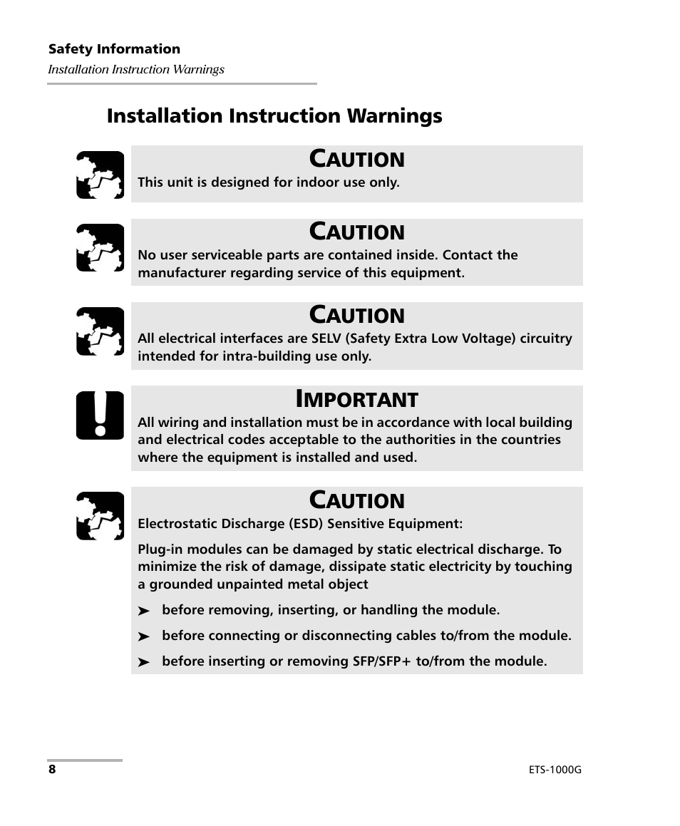 Installation instruction warnings, Aution, Mportant | EXFO ETS-1000G User Manual | Page 18 / 195