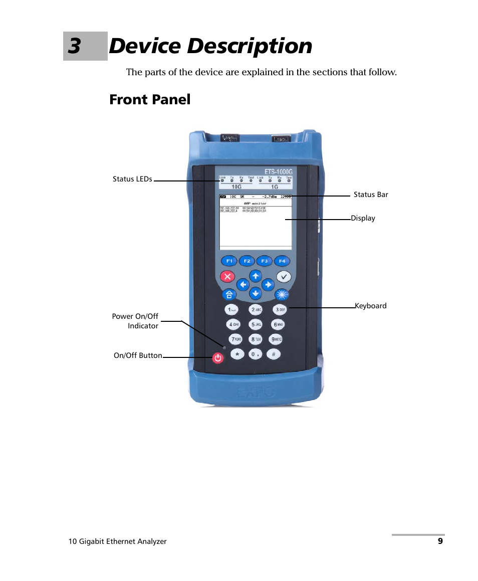 3 device description, Front panel, 3device description | EXFO ETS-1000G User Manual | Page 19 / 195