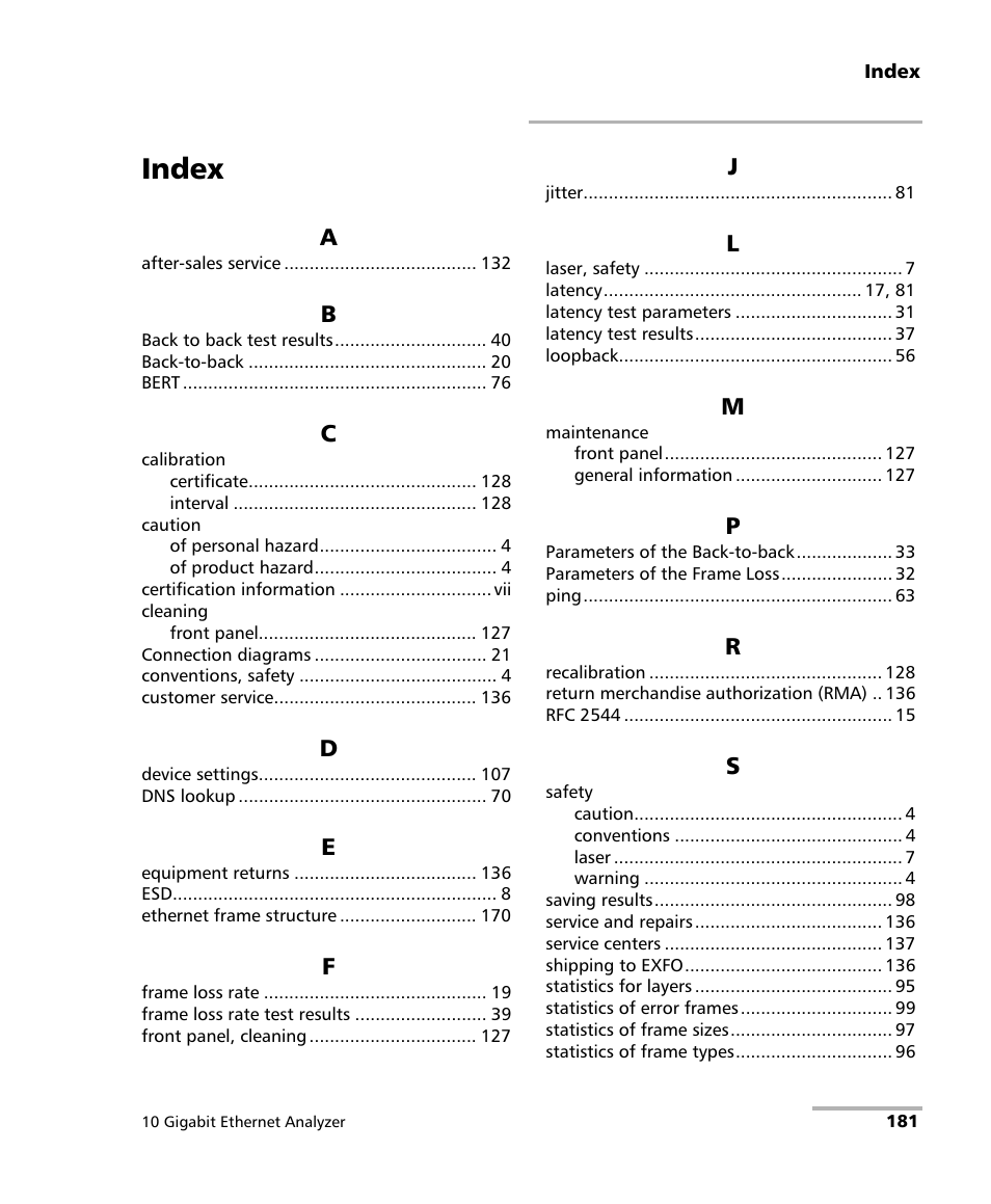 Index | EXFO ETS-1000G User Manual | Page 191 / 195