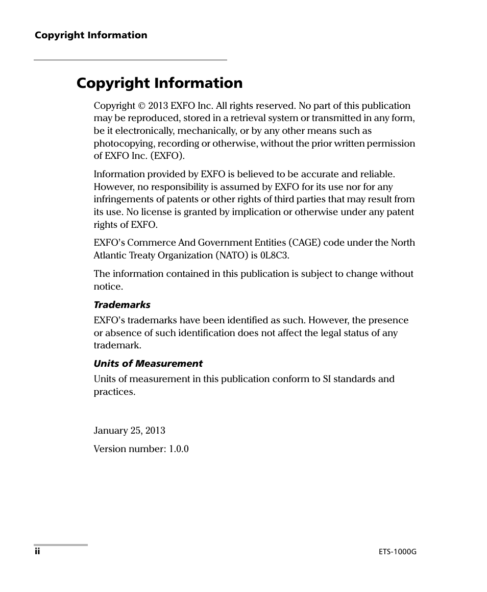 Copyright information | EXFO ETS-1000G User Manual | Page 2 / 195