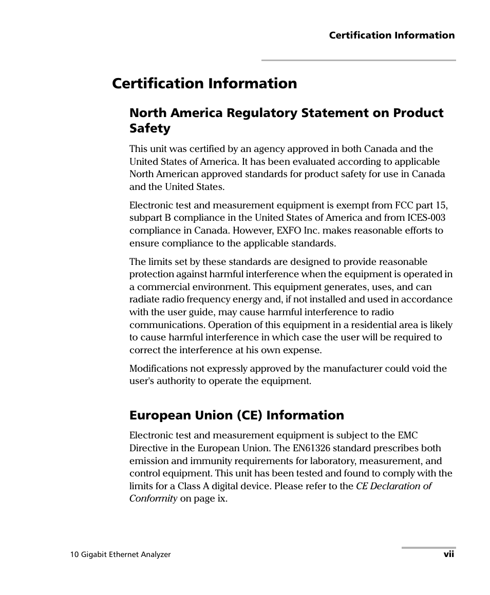 Certification information, European union (ce) information | EXFO ETS-1000G User Manual | Page 7 / 195