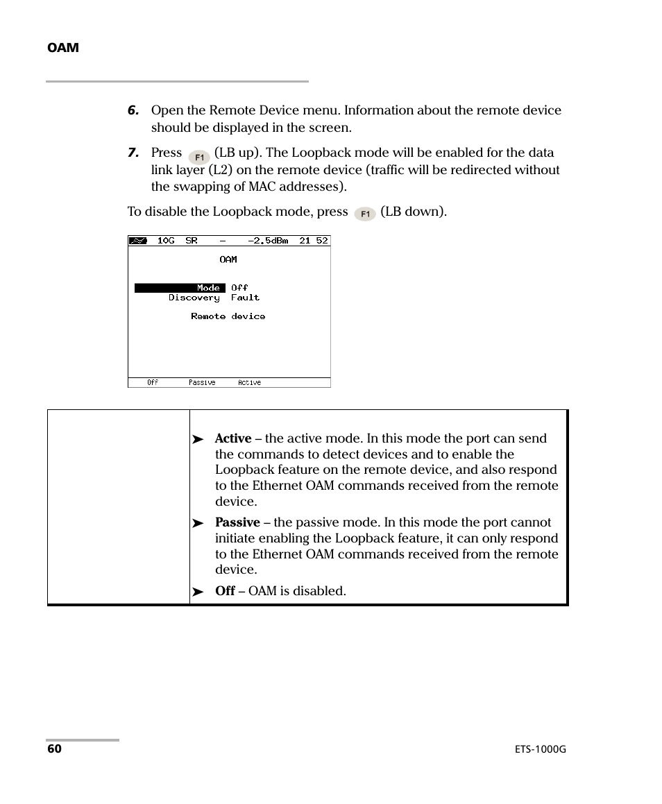 Mode the possible oam states are | EXFO ETS-1000G User Manual | Page 70 / 195