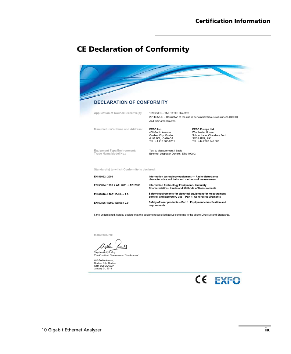 Ce declaration of conformity, Certification information, 10 gigabit ethernet analyzer | Declaration of conformity | EXFO ETS-1000G User Manual | Page 9 / 195