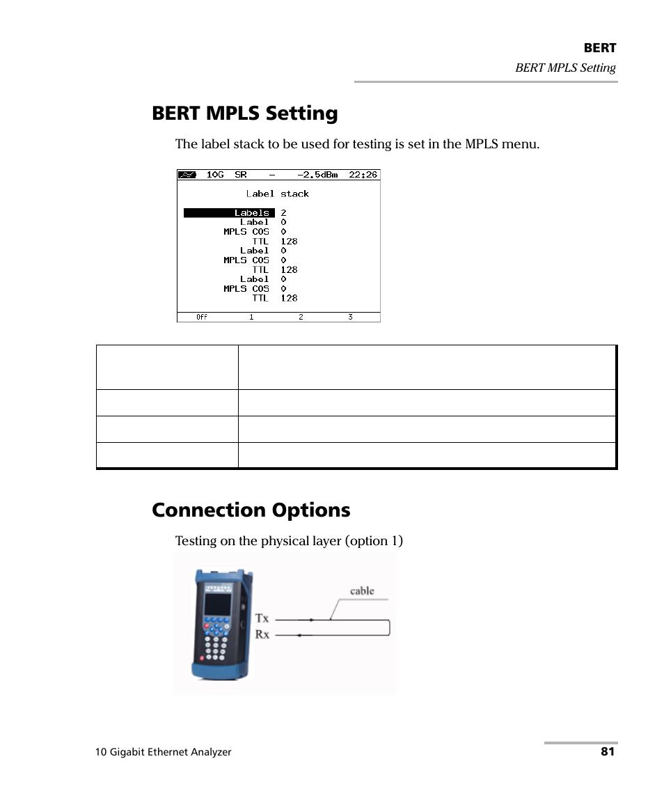 Bert mpls setting, Connection options, Bert mpls setting connection options | EXFO ETS-1000G User Manual | Page 91 / 195