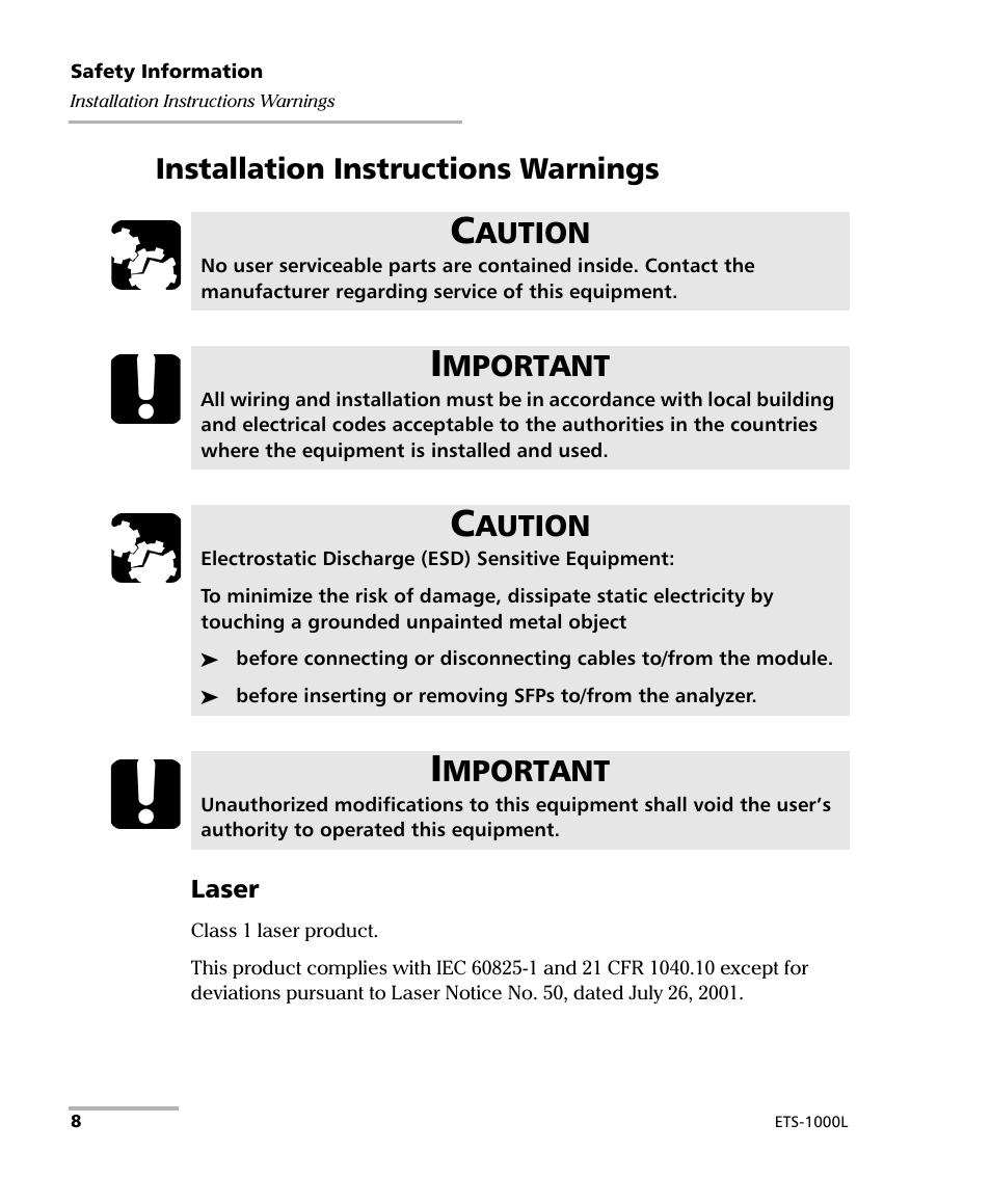 Installation instructions warnings, Aution, Mportant | EXFO ETS-1000L User Manual | Page 14 / 47