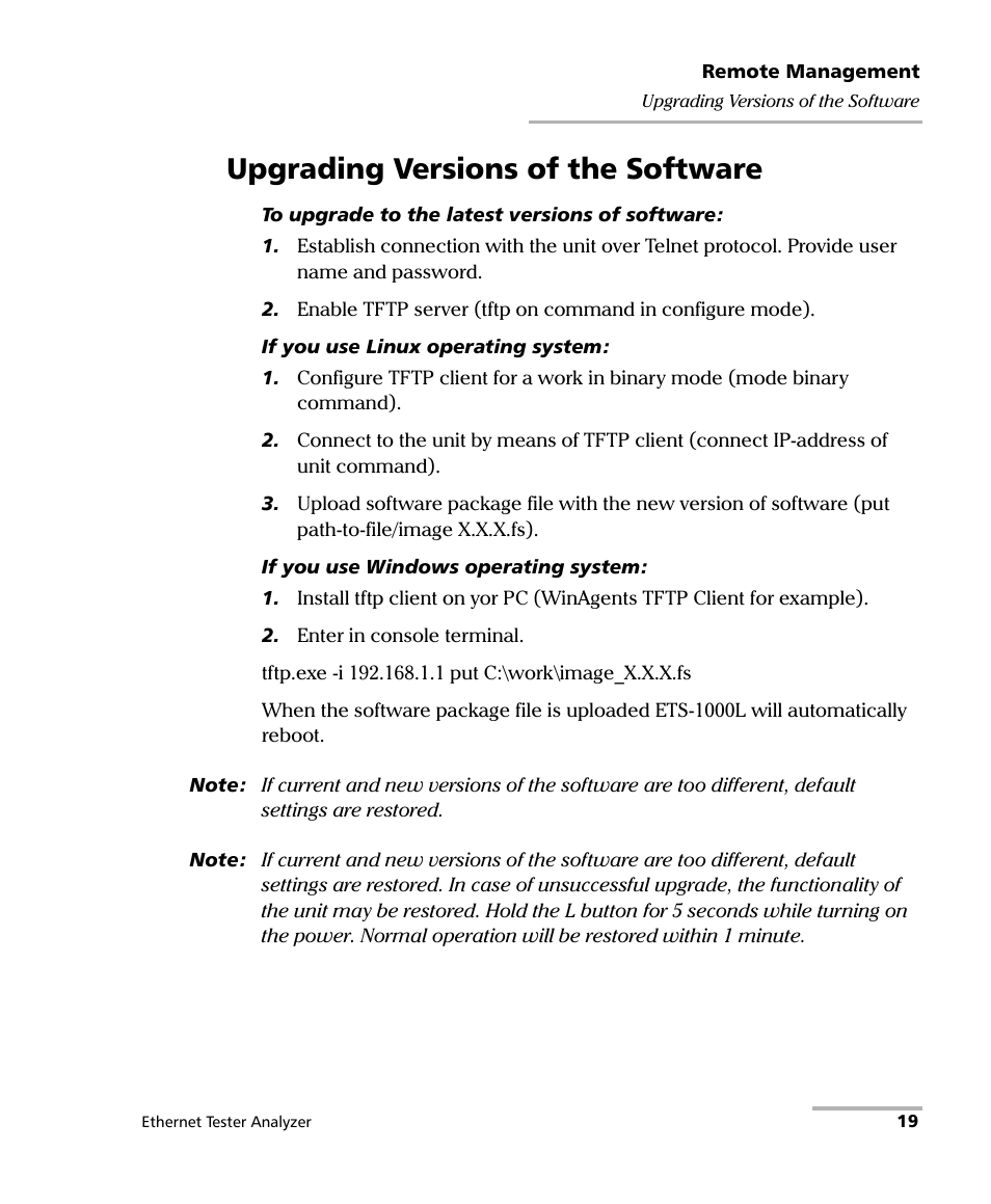 Upgrading versions of the software | EXFO ETS-1000L User Manual | Page 25 / 47