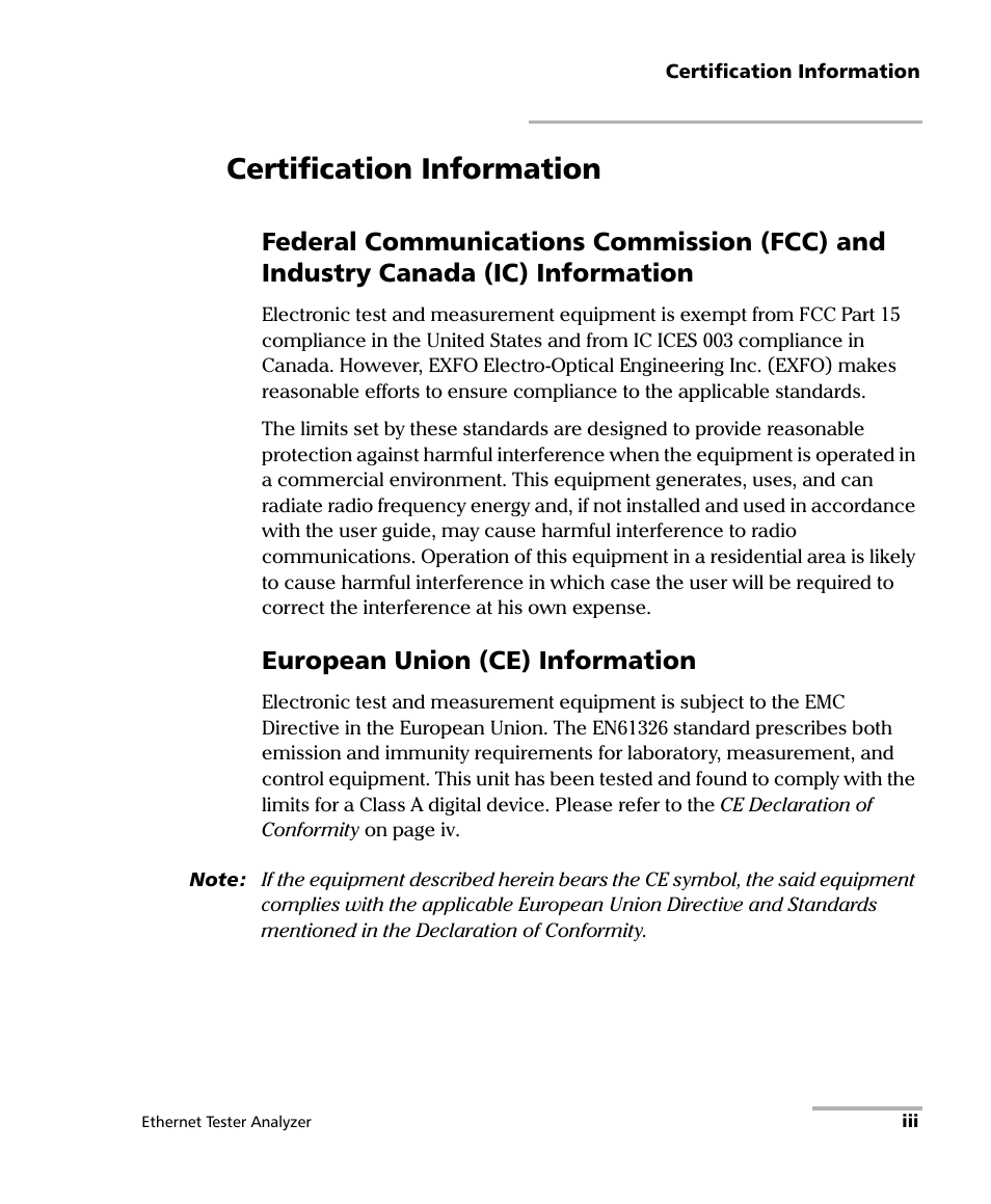 Certification information, European union (ce) information | EXFO ETS-1000L User Manual | Page 3 / 47