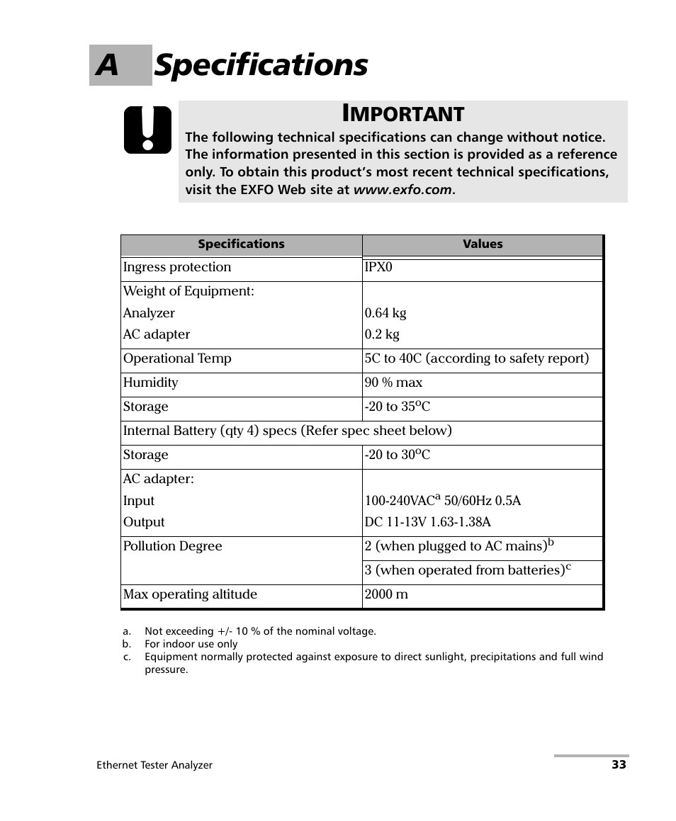 A specifications, Mportant | EXFO ETS-1000L User Manual | Page 39 / 47