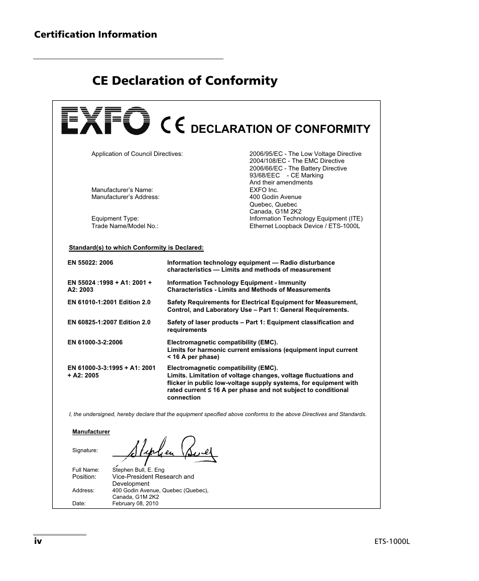 Ce declaration of conformity, Declaration of conformity, Certification information | EXFO ETS-1000L User Manual | Page 4 / 47