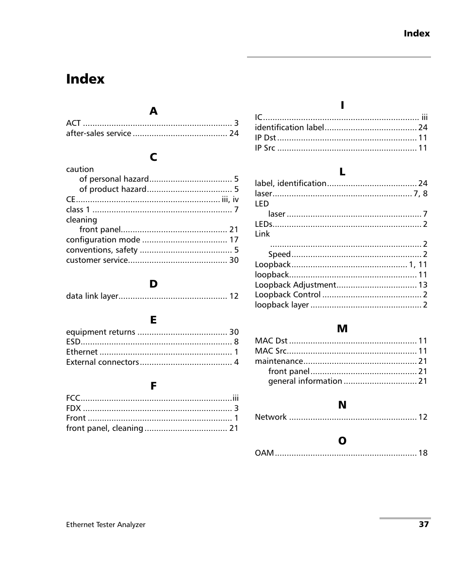 Index | EXFO ETS-1000L User Manual | Page 43 / 47