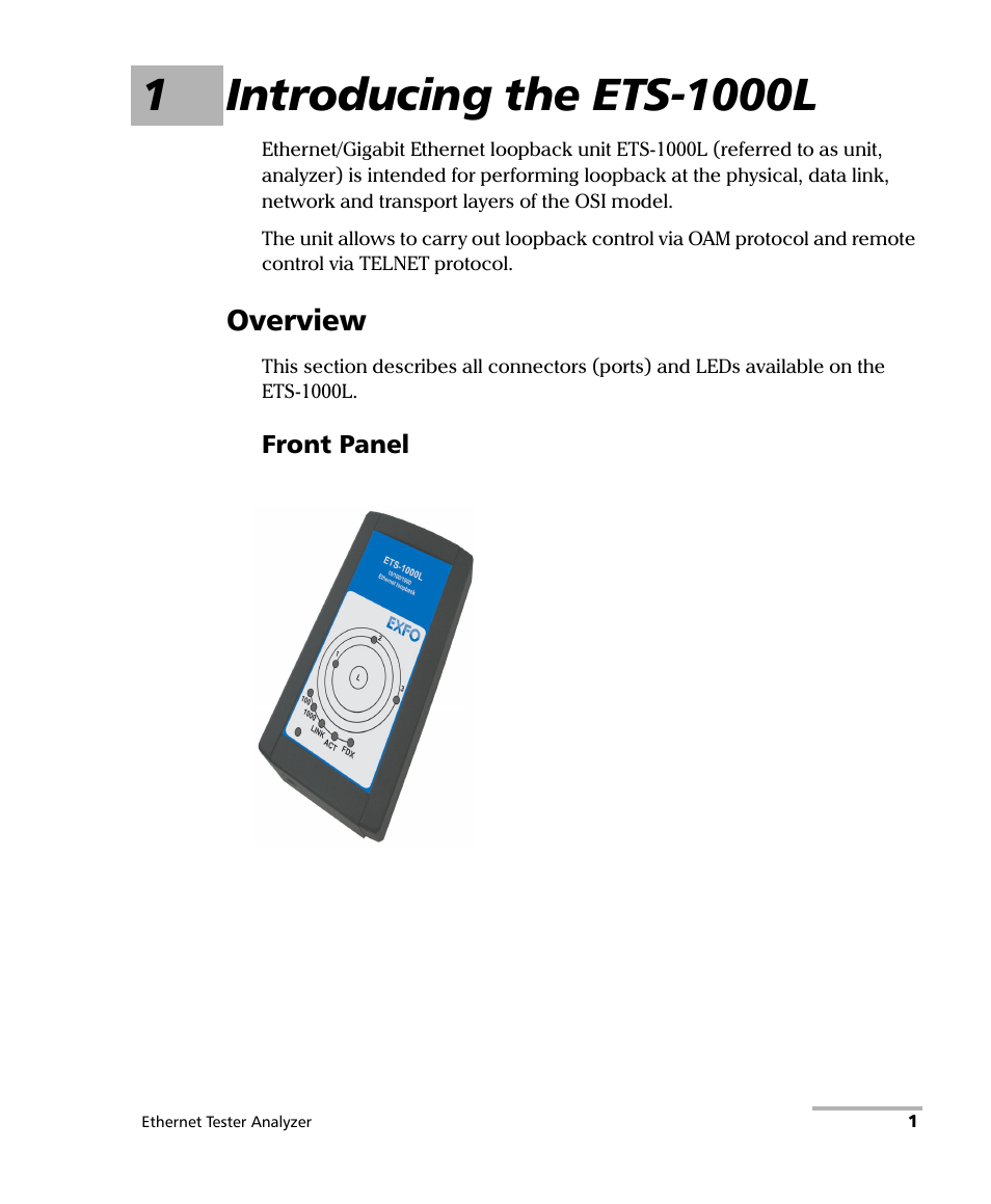 1 introducing the ets-1000l, Overview | EXFO ETS-1000L User Manual | Page 7 / 47